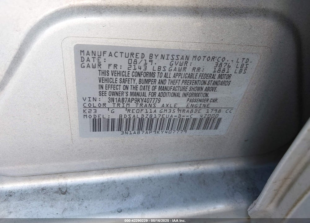2019 NISSAN SENTRA SV VIN: 3N1AB7AP9KY407779
