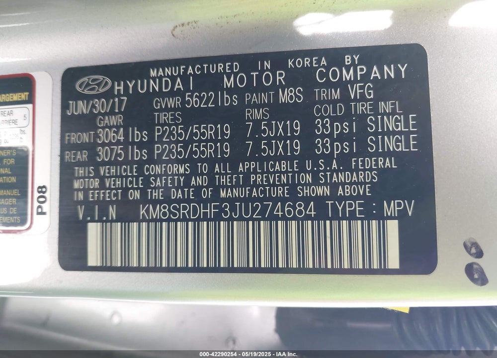 2018 HYUNDAI SANTA FE VIN: KM8SRDHF3JU274684