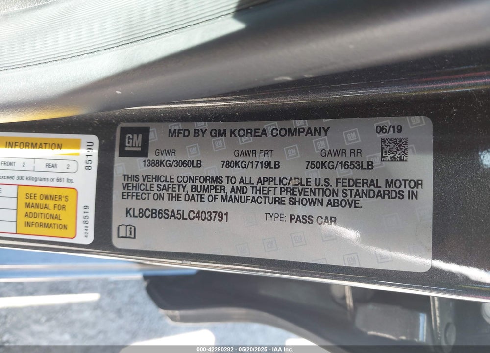 2020 CHEVROLET SPARK FWD LS AUTOMATIC VIN: KL8CB6SA5LC403791