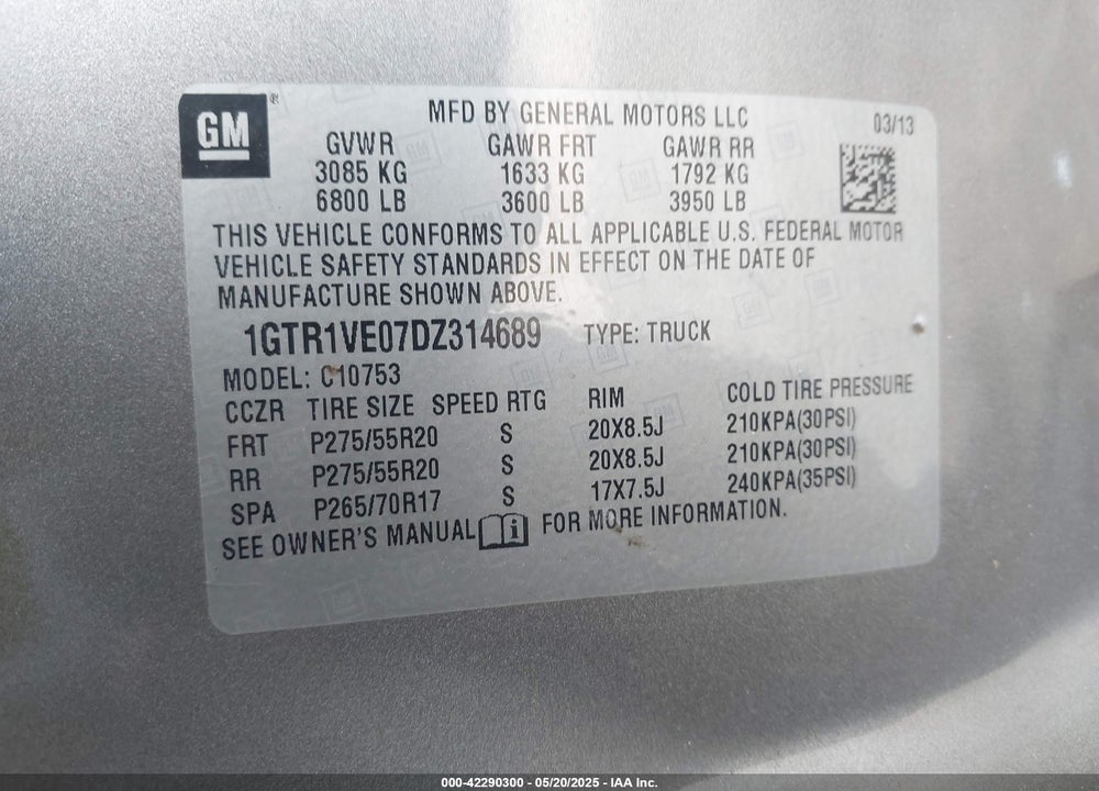 2013 GMC SIERRA 1500 SLE VIN: 1GTR1VE07DZ314689