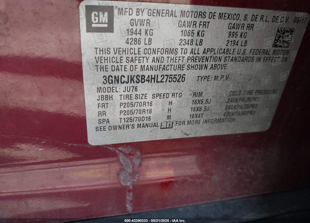 2017 CHEVROLET TRAX LS VIN: 3GNCJKSB4HL275526