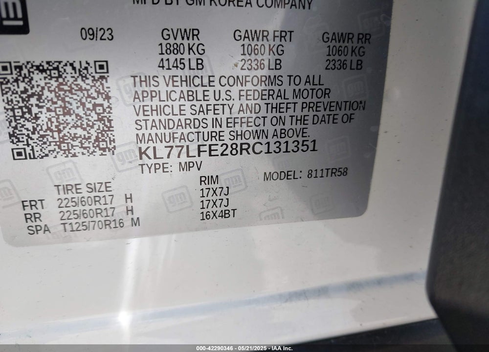 2024 CHEVROLET TRAX VIN: KL77LFE28RC131351