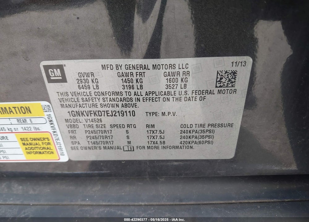 2014 CHEVROLET TRAVERSE VIN: 1GNKVFKD7EJ219110