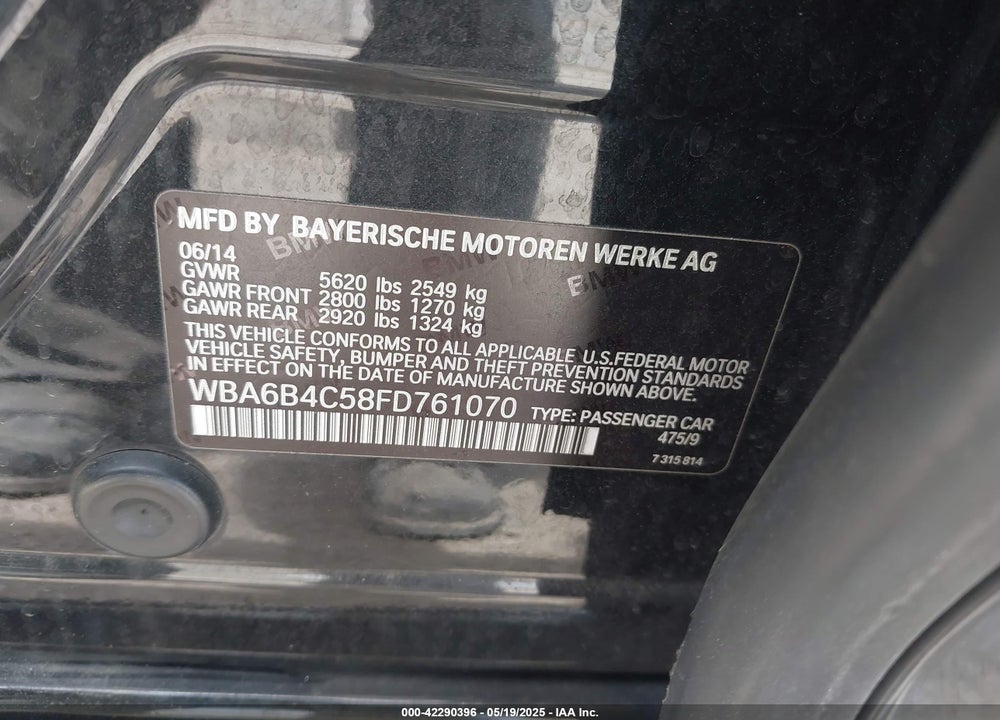 2015 BMW 6 SERIES VIN: WBA6B4C58FD761070