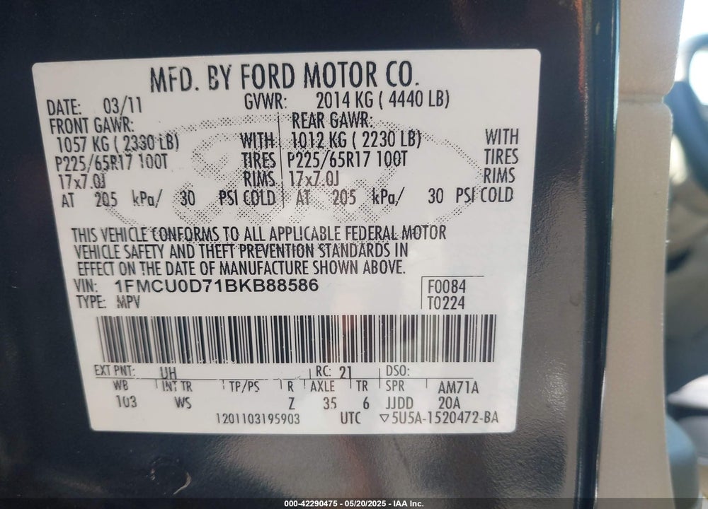 2011 FORD ESCAPE VIN: 1FMCU0D71BKB88586