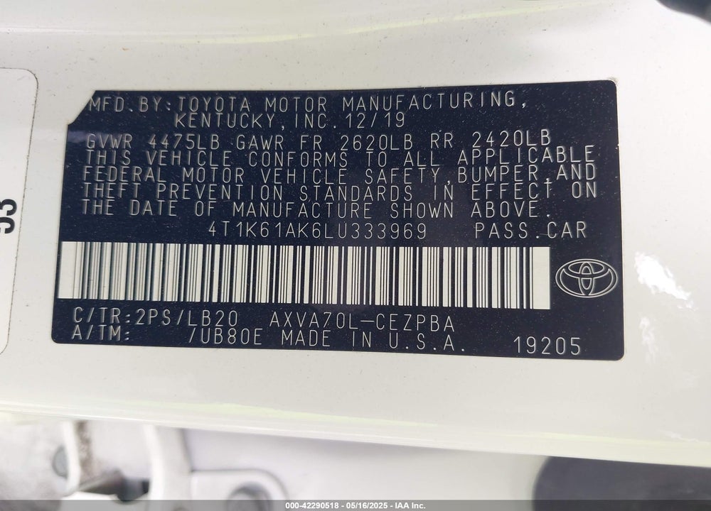 2020 TOYOTA CAMRY XSE VIN: 4T1K61AK6LU333969