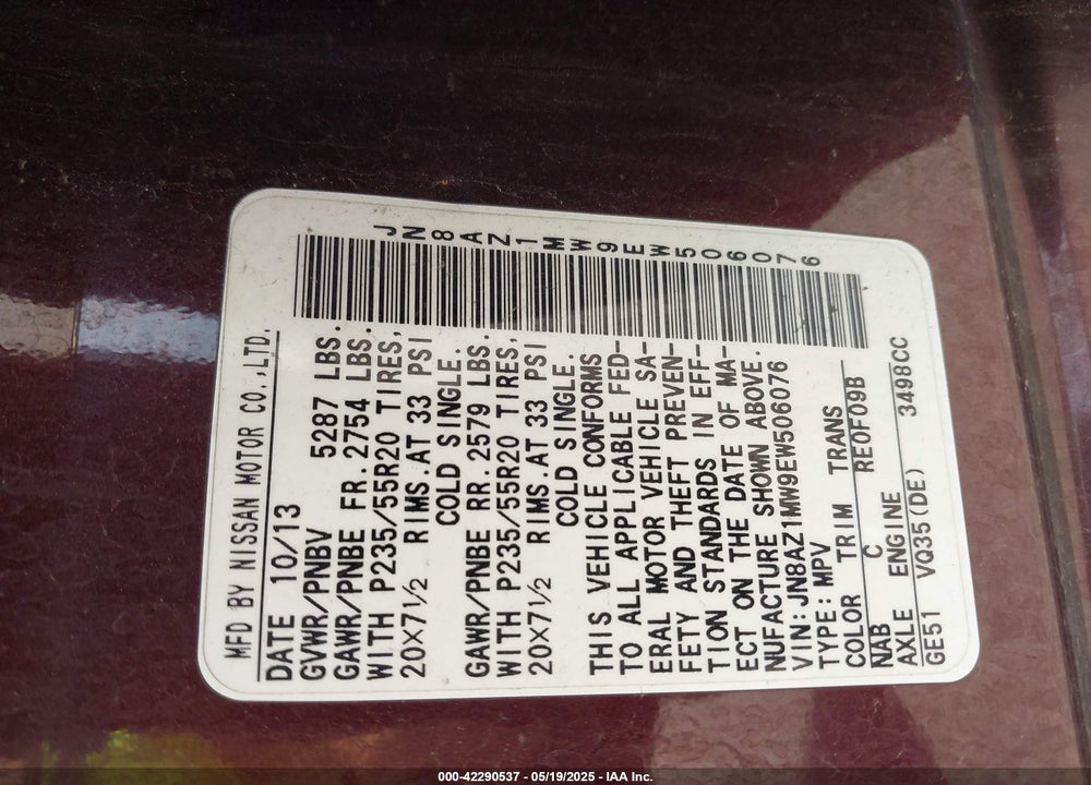 2014 NISSAN MURANO VIN: JN8AZ1MW9EW506076