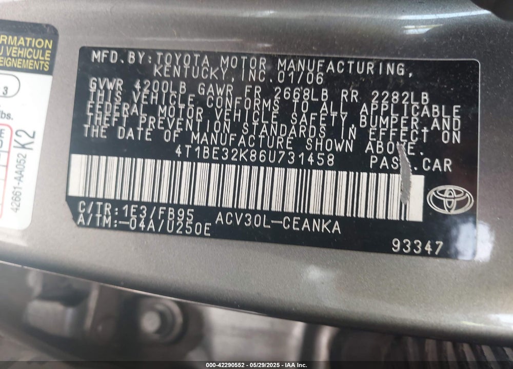 2006 TOYOTA CAMRY LE VIN: 4T1BE32K86U731458