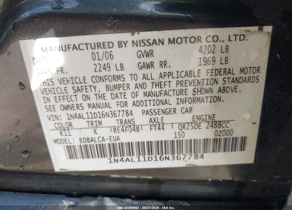 2006 NISSAN ALTIMA 2.5 S VIN: 1N4AL11D16N367784