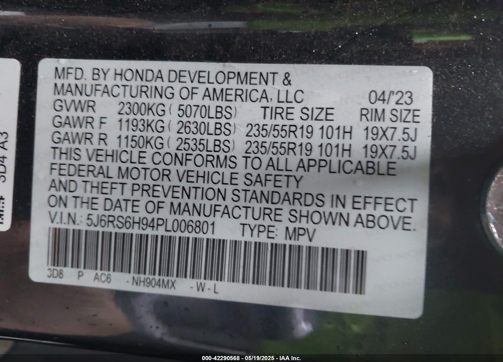 2023 HONDA CR-V HYBRID VIN: 5J6RS6H94PL006801