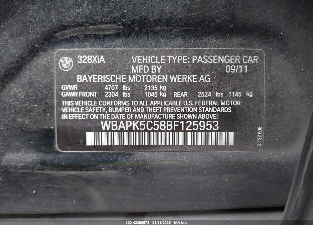 2011 BMW 3 SERIES VIN: WBAPK5C58BF125953