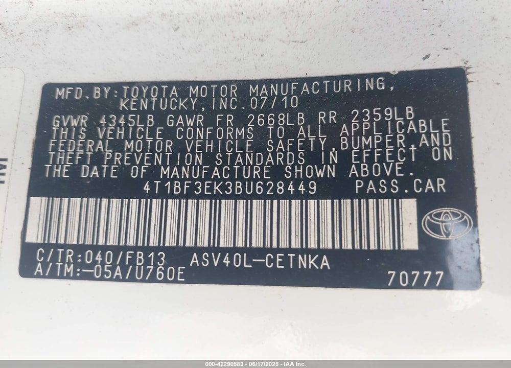 2011 TOYOTA CAMRY VIN: 4T1BF3EK3BU628449