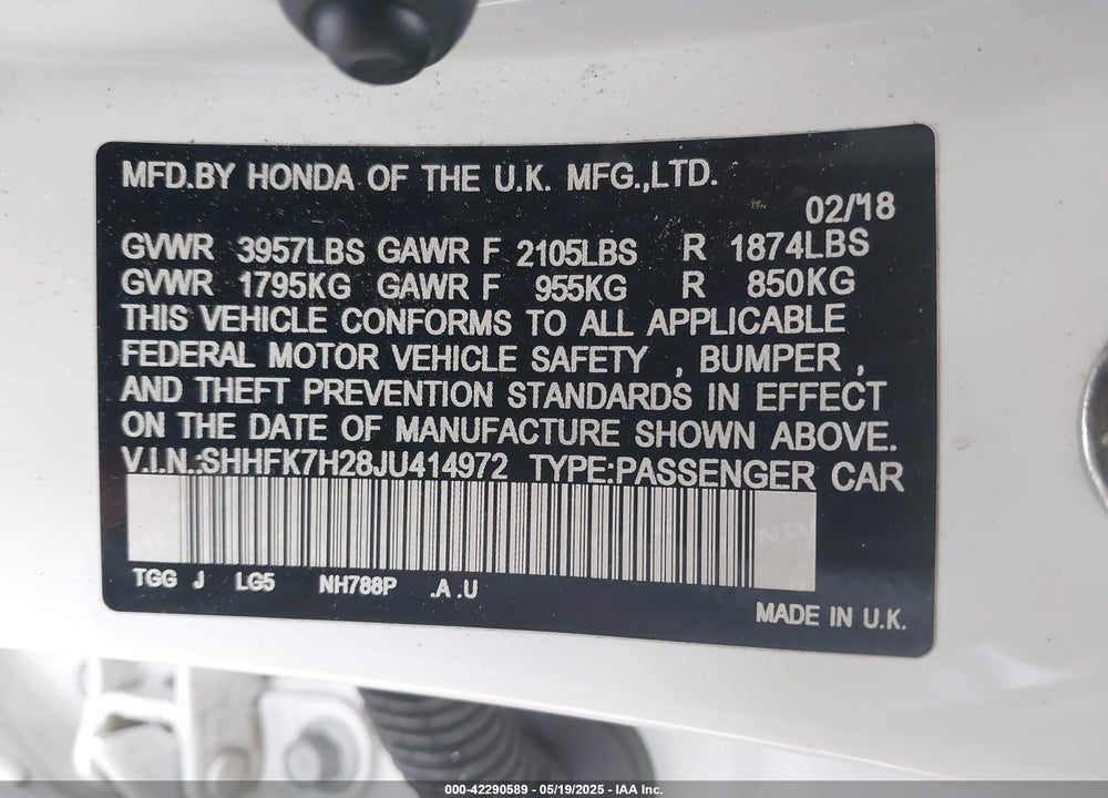 2018 HONDA CIVIC VIN: SHHFK7H28JU414972