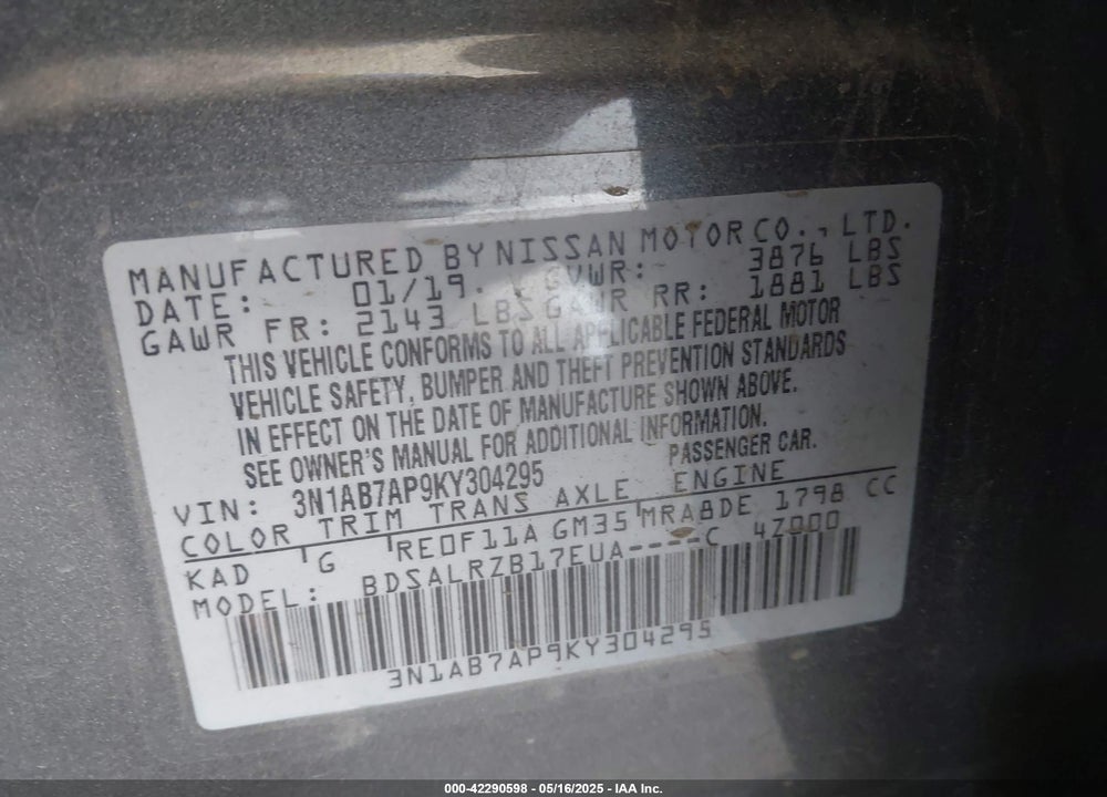 2019 NISSAN SENTRA VIN: 3N1AB7AP9KY304295