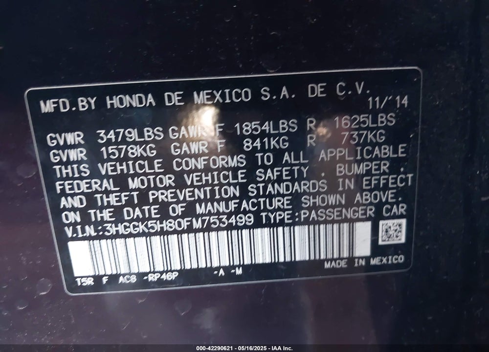 2015 HONDA FIT VIN: 3HGGK5H80FM753499