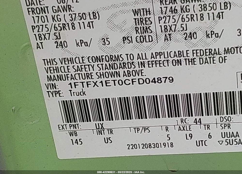 2012 FORD F-150 XLT VIN: 1FTFX1ET0CFD04879