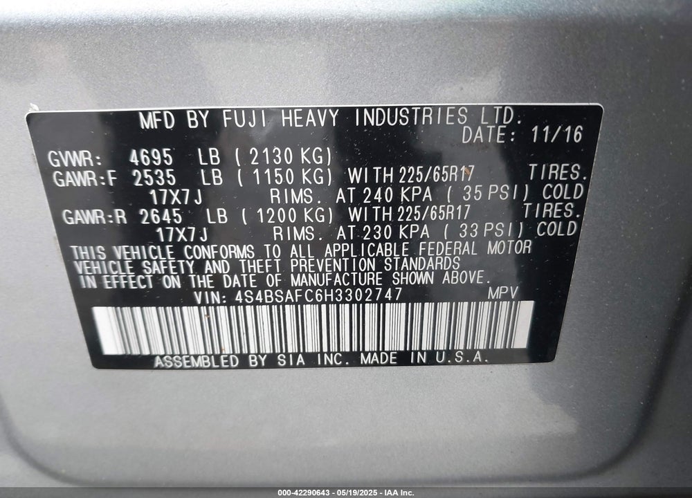 2017 SUBARU OUTBACK VIN: 4S4BSAFC6H3302747