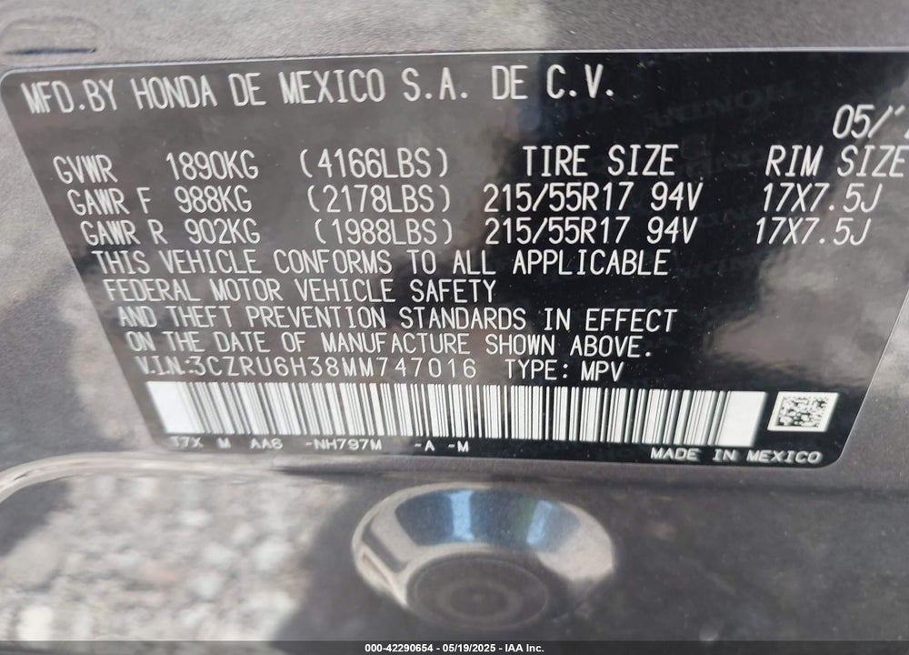 2021 HONDA HR-V VIN: 3CZRU6H38MM747016