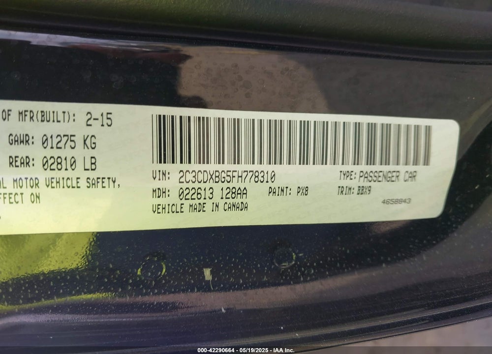2015 DODGE CHARGER VIN: 2C3CDXBG5FH778310
