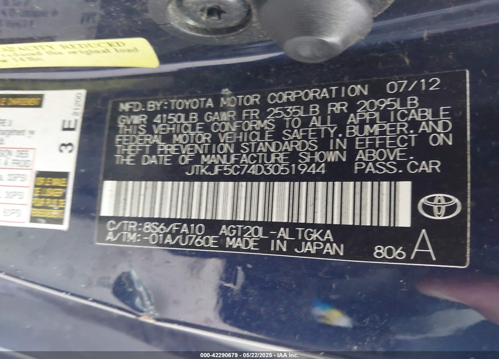 2013 SCION TC VIN: JTKJF5C74D3051944