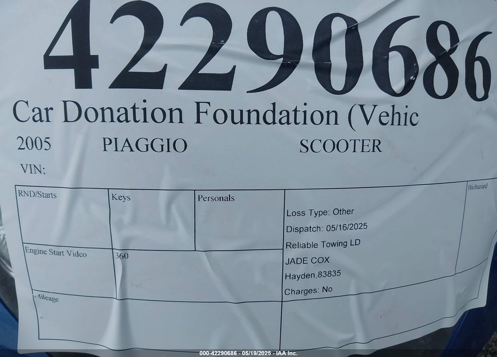 2005 PIAGGIO BV 200 VIN: ZAPM289L555002519
