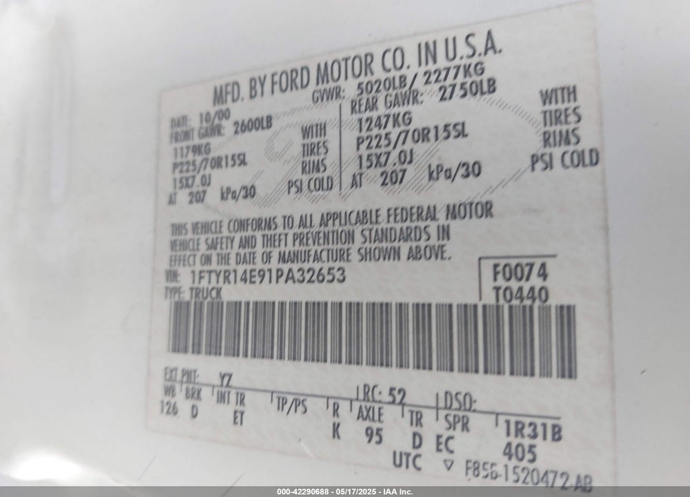 2001 FORD RANGER EDGE/XLT VIN: 1FTYR14E91PA32653