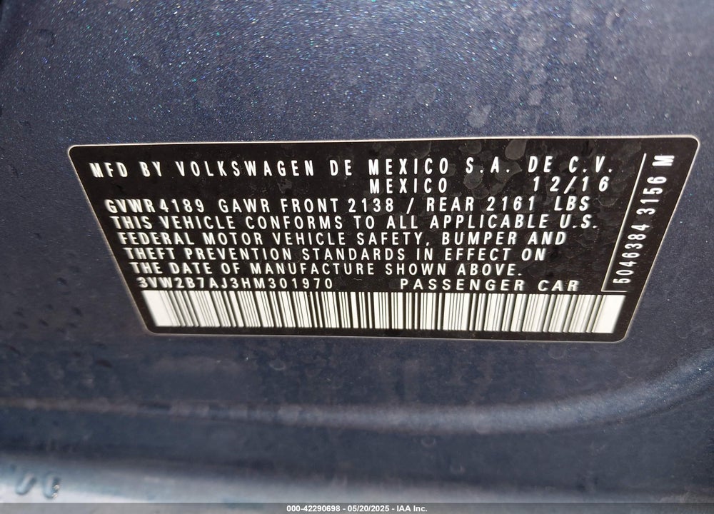2017 VOLKSWAGEN JETTA 1.4T S VIN: 3VW2B7AJ3HM301970