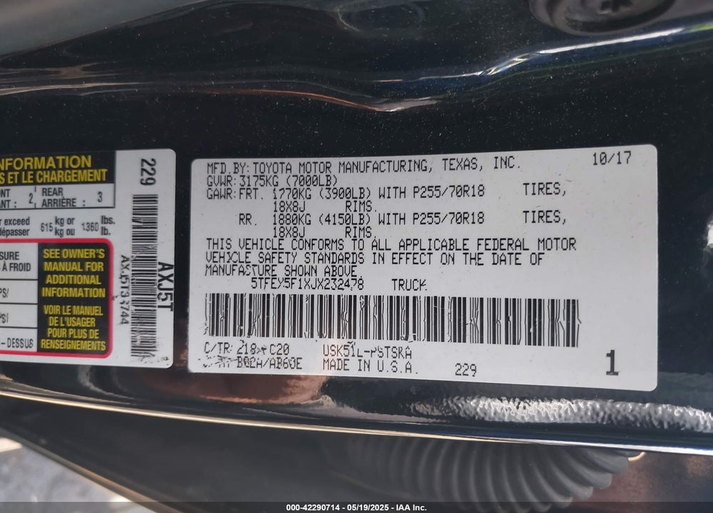 2018 TOYOTA TUNDRA VIN: 5TFEY5F1XJX232478