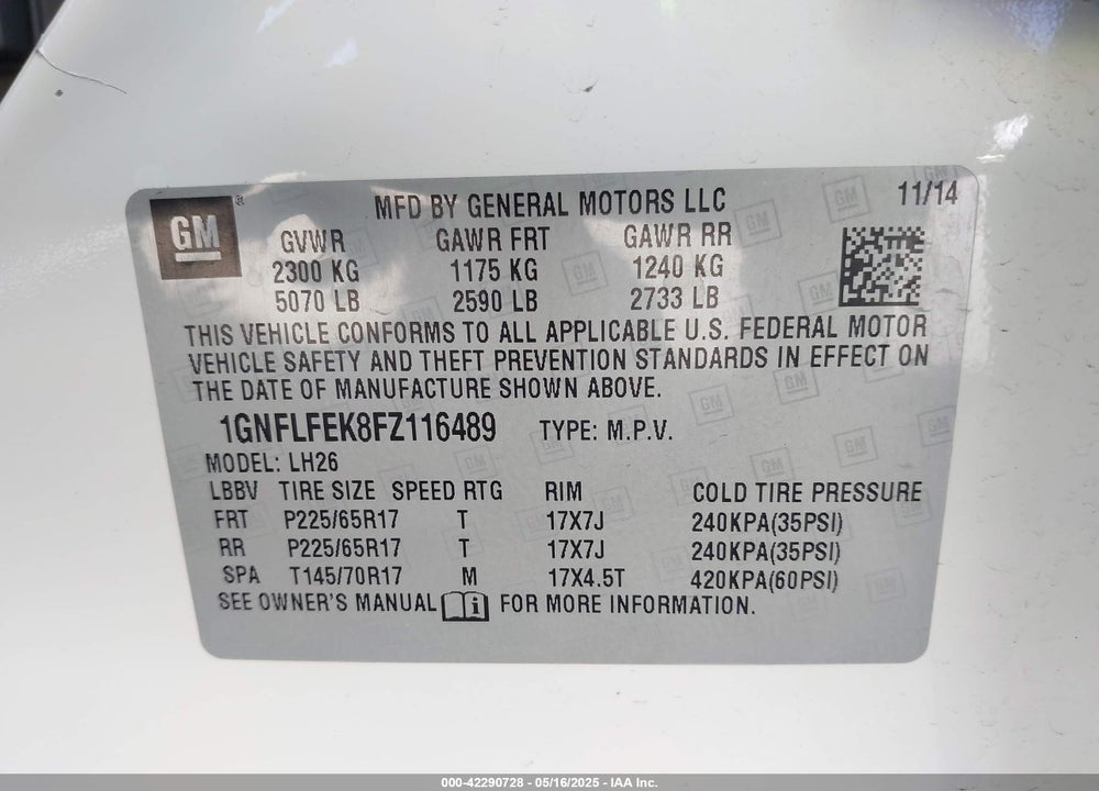 2015 CHEVROLET EQUINOX VIN: 1GNFLFEK8FZ116489