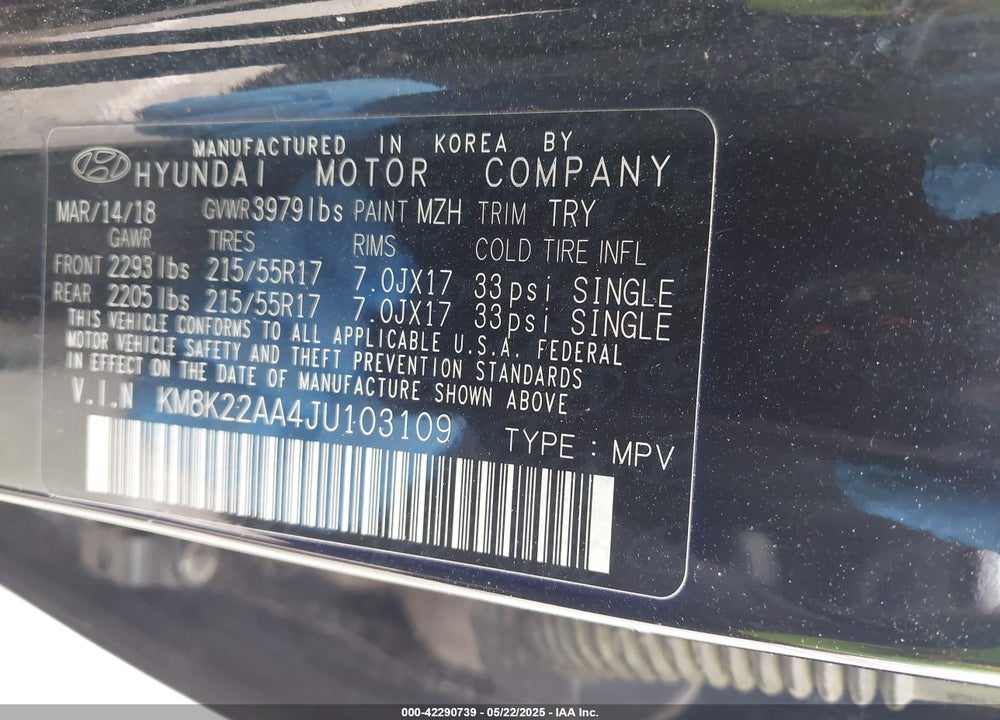 2018 HYUNDAI KONA VIN: KM8K22AA4JU103109