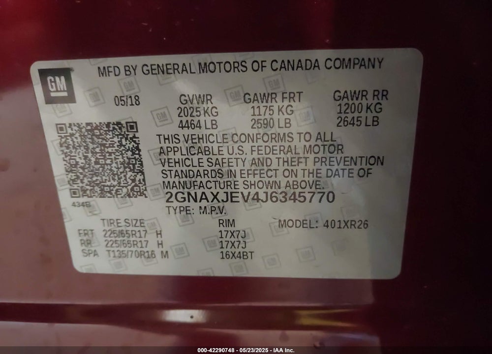 2018 CHEVROLET EQUINOX LT VIN: 2GNAXJEV4J6345770