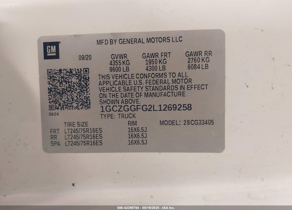 2020 CHEVROLET EXPRESS G3500 VIN: 1GCZGGFG2L1269258