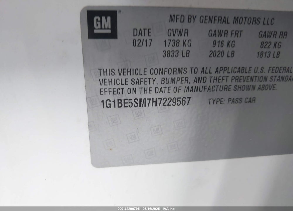 2017 CHEVROLET CRUZE VIN: 1G1BE5SM7H7229567