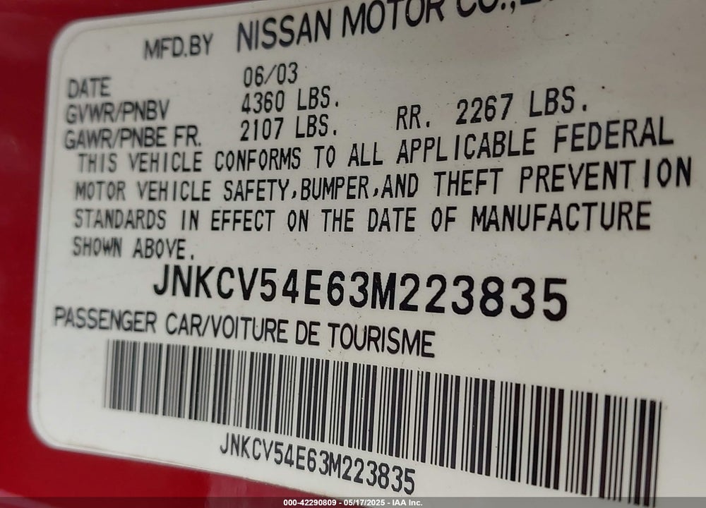 2003 INFINITI G35 BASE W/LEATHER VIN: JNKCV54E63M223835