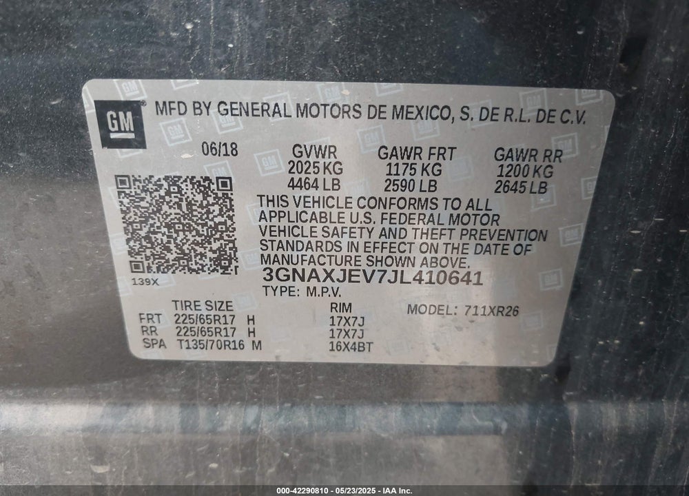 2018 CHEVROLET EQUINOX VIN: 3GNAXJEV7JL410641