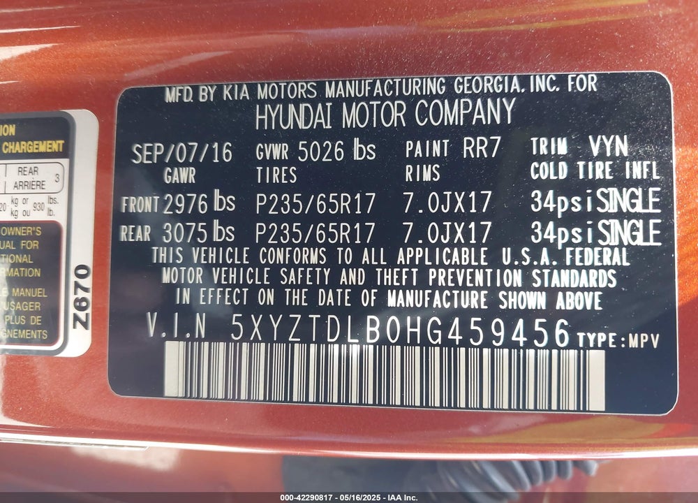 2017 HYUNDAI SANTA FE SPORT 2.4L VIN: 5XYZTDLB0HG459456