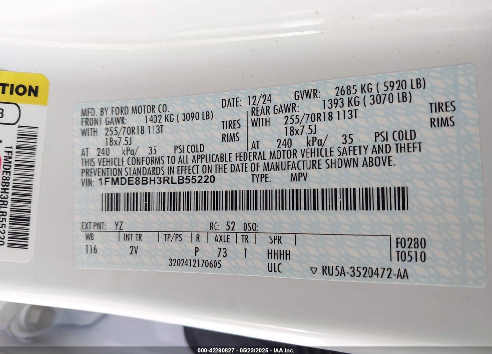 2024 FORD BRONCO VIN: 1FMDE8BH3RLB55220