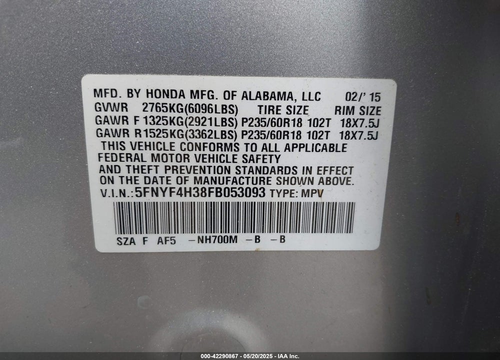 2015 HONDA PILOT SE VIN: 5FNYF4H38FB053093