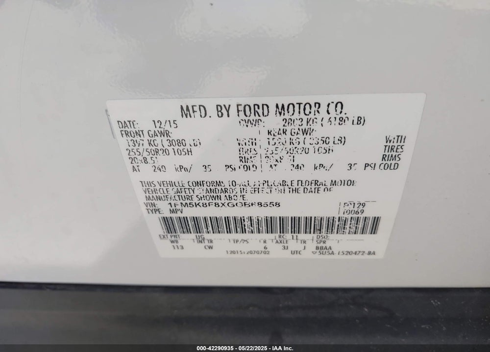 2016 FORD EXPLORER VIN: 1FM5K8F8XGGB68558
