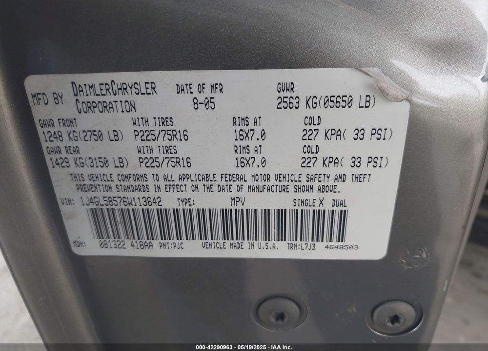 2006 JEEP LIBERTY VIN: 1J4GL58576W113642