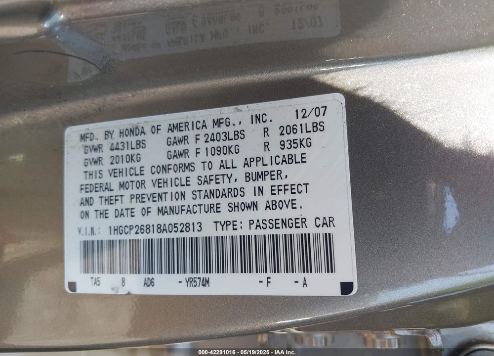 2008 HONDA ACCORD VIN: 1HGCP26818A052813