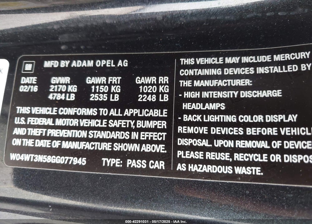 2016 BUICK CASCADA VIN: W04WT3N58GG077945