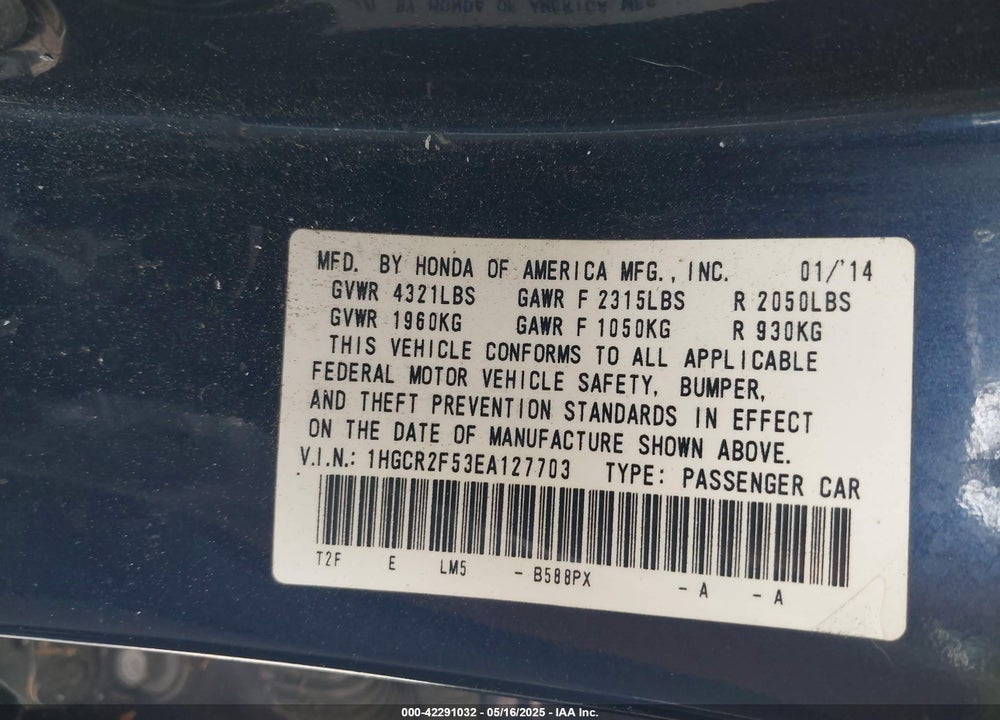 2014 HONDA ACCORD VIN: 1HGCR2F53EA127703