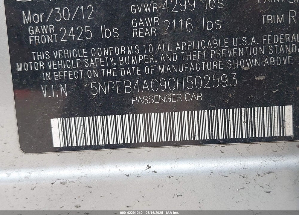 2012 HYUNDAI SONATA VIN: 5NPEB4AC9CH502593