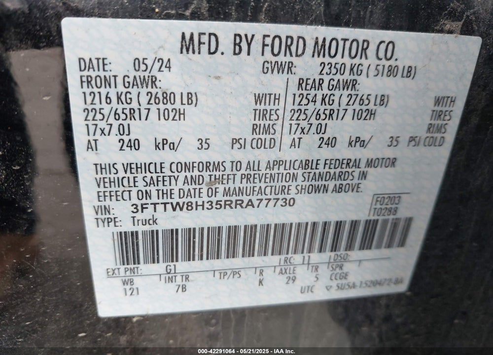 2024 FORD MAVERICK VIN: 3FTTW8H35RRA77730