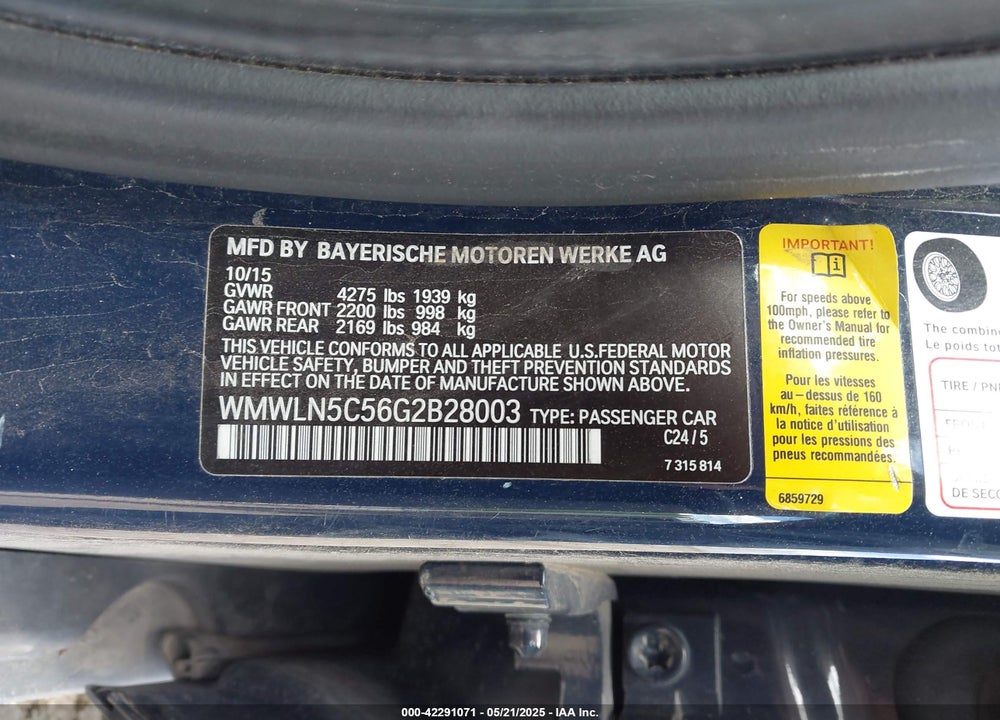 2016 MINI CLUBMAN VIN: WMWLN5C56G2B28003