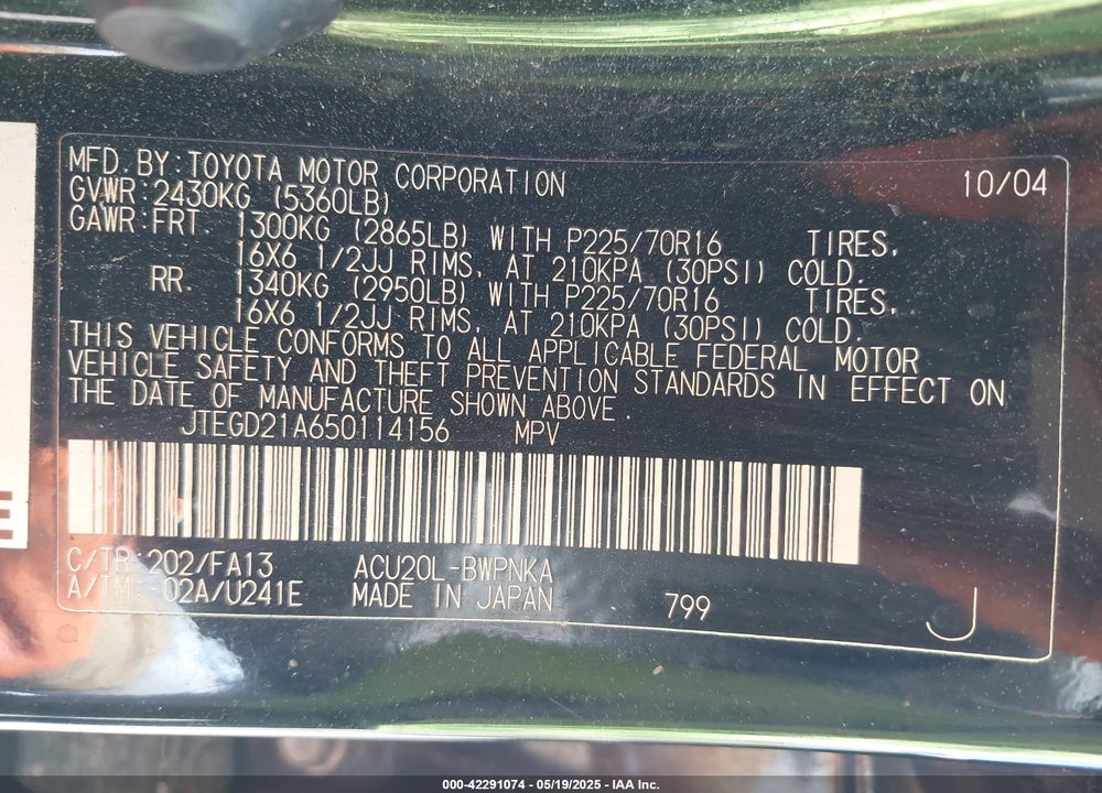 2005 TOYOTA HIGHLANDER VIN: JTEGD21A650114156
