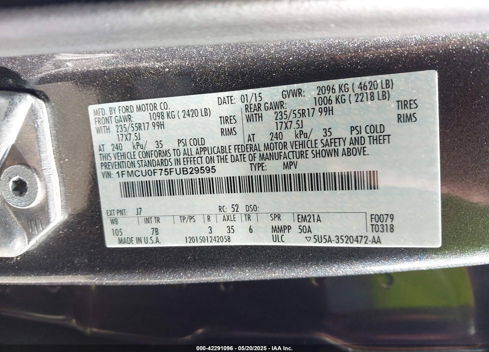 2015 FORD ESCAPE VIN: 1FMCU0F75FUB29595