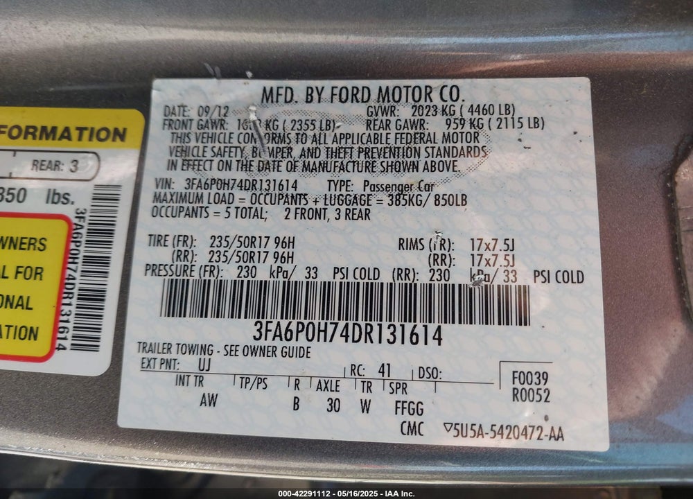 2013 FORD FUSION VIN: 3FA6P0H74DR131614