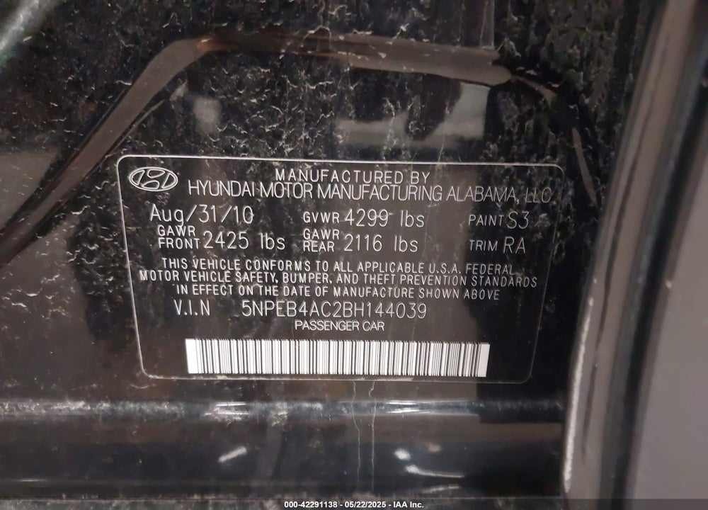 2011 HYUNDAI SONATA VIN: 5NPEB4AC2BH144039